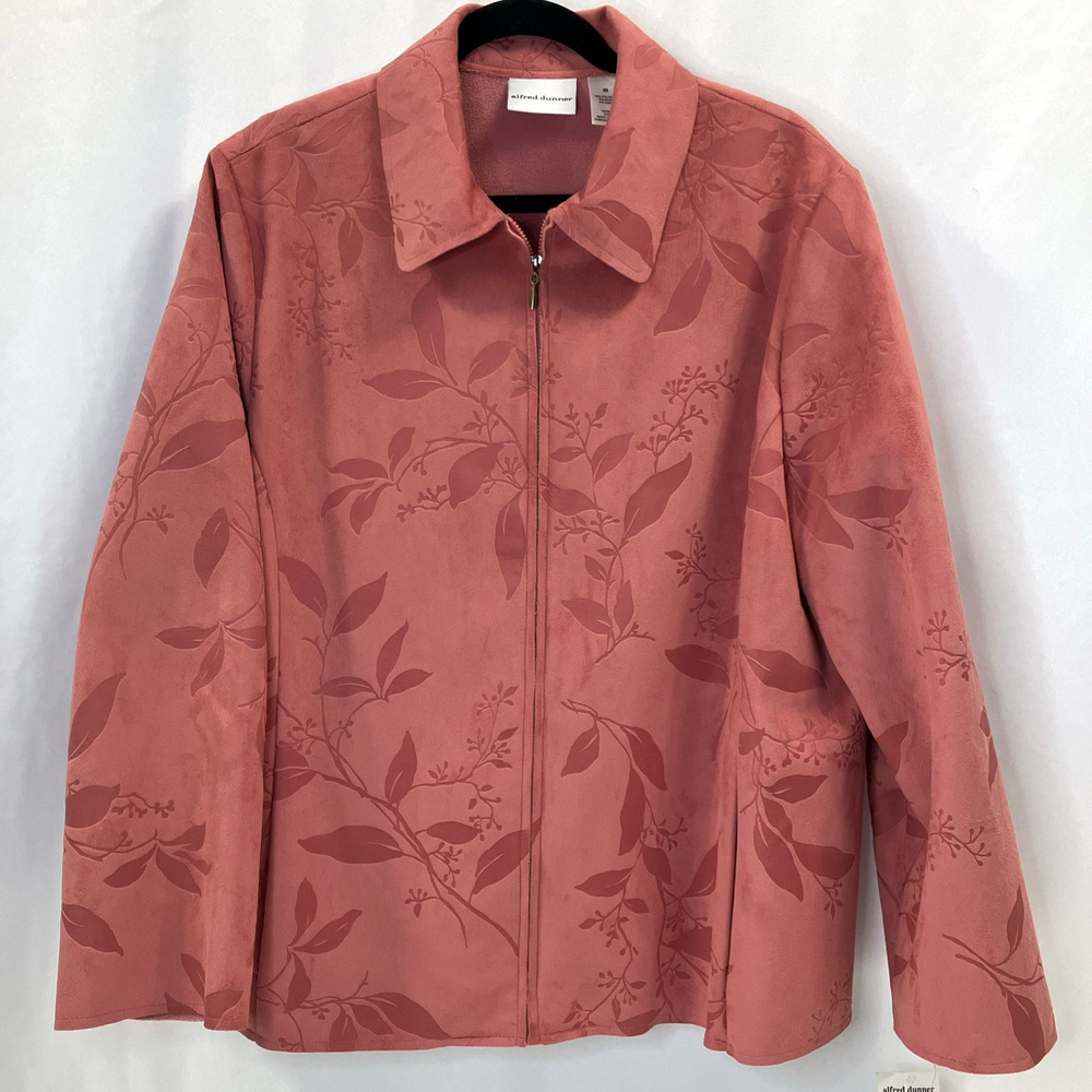 ALFRED DUNNER Pink Floral Jacket Faux Suede Salmon Zip Coat Size 20 NWT